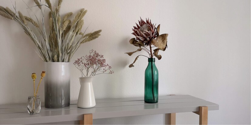 Trockenblumen sind mein Dauerfavorit, hier auf meinem Regal. V. l. n. r. Mohnkapseln, Zierhirse, Schleierkraut, Protea.