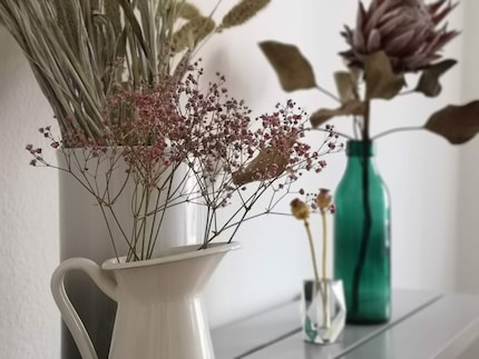 Look the same in my living room for weeks: Gypsophila, ornamental millet and protea