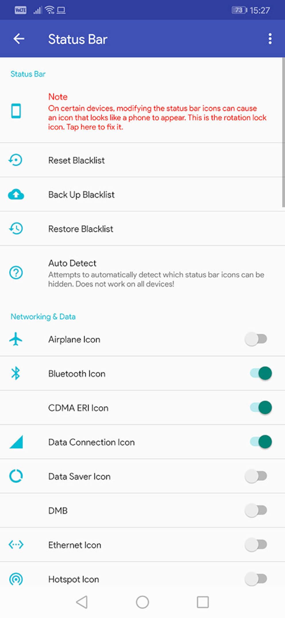 SystemUI Tuner hat Toggles für die Icons in der Status Bar