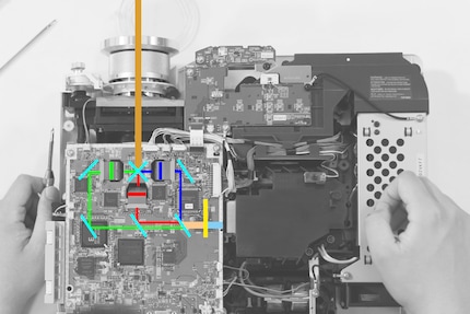 An LCD projector with the protruding phosphor wheel (yellow bar).