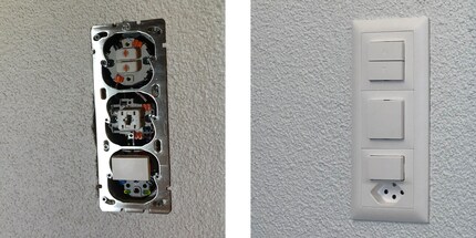Links der offene Schalter, rechts die abgedeckten Taster inklusive Steckdose.