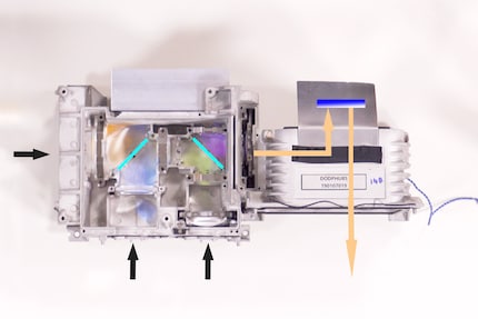Black arrows = position of laser modules. Turquoise bars = dichroic mirrors. Orange arrows = light hitting the DMD chip and thence the lens.