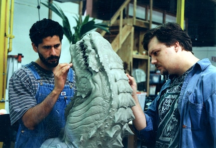 Lee in 1998 working with lead sculptor Jose Fernandez for Patrick Tatopoulos Designs on the film Godzilla.