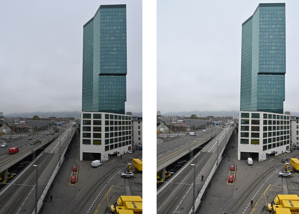 Links das 16-50mm, rechts das Spiegelreflex-Objektiv 16-85.