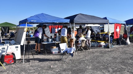 The desert camp consists of three pavilions: two are for the rocket and its technology, one for food.