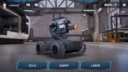 The home screen of the smartphone app with the RoboMaster S1 animated in 3D.