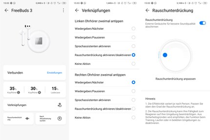 On the right is the standard view of the app, in the centre you can specify what should happen when you tap and on the left is the setting for noise cancelling.