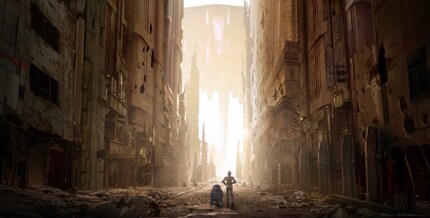 Die Droiden in den Ruinen Coruscants. Im Hintergrund die neue schwebende Hauptstadt der Ersten Ordnung.