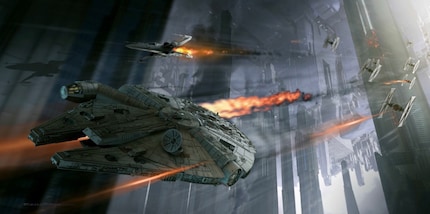 TIE-Fighter jagen den Millennium Falken durch die Hauptstadt der Ersten Ordnung.