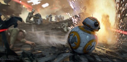 Der tapfere BB-8 auf den Schlachtfeldern Coruscants, im Hintergrund C-3PO und der beschädigte R2-D2.