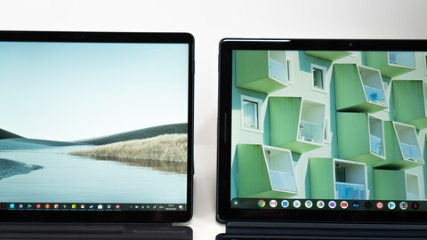 Die Icons beim Surface (l.) sind etwas zu klein für die Touchbedienung.