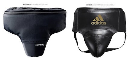 Separated at production: the Hövding 3 and the adiSTAR Pro Groin Guard.