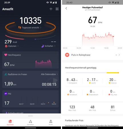 Start screen of the app and an exemplary heart rate history.