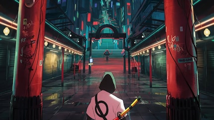 Rechts auf der Säule klebt ein Sticker mit dem Logo des Animationsstudios