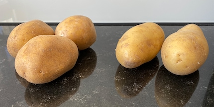 Three floury and two waxy potatoes before cutting them into fries.