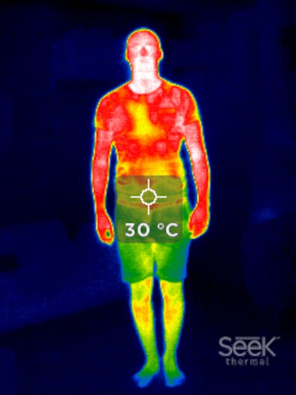 Ein Wärmebildselfie von Kevin Hofer. Kamera: Seek Thermal RevealPRO FF -40, Auflösung 320×240 Pixel.