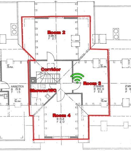 The second attic floor. Wi-Fi icon in green: router location