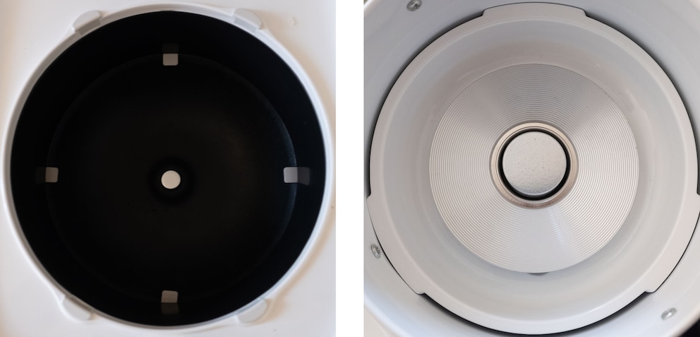 Der Induktionskocher (links) heizt die ganze Schüssel auf, beim normalen Reiskocher (rechts) gibt nur die Platte mit den Rillen Hitze ab.