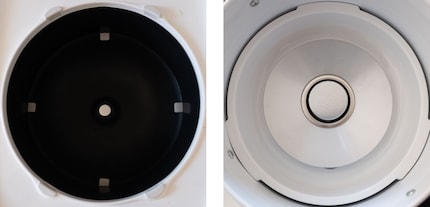 The induction cooker (left) heats up the whole bowl, while the normal rice cooker (right) only heats the plate with the grooves.