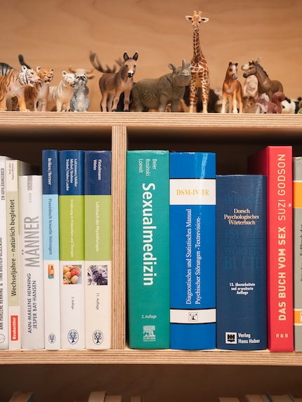 Im Bücherregal tummelt sich ein kleiner Zoo. Die Tierfiguren helfen den Patienten dabei, Beziehungskonstellationen symbolisch darzustellen.