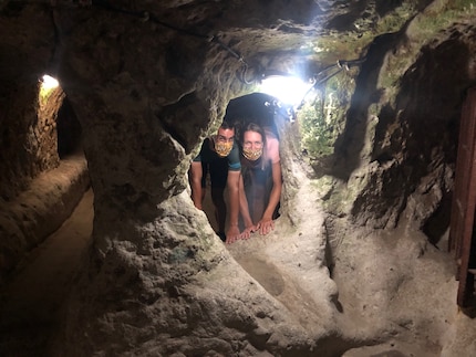 Lous and Julen in the Derinkuyu tunnel system, which stretches for miles.