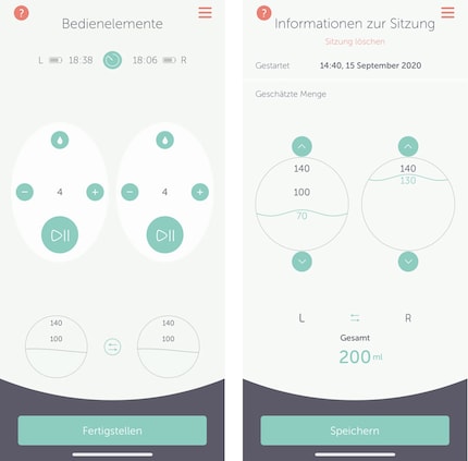 Die App während des Betriebs (links) und nach dem Abpumpen (rechts)