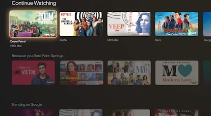 Android TV includes one «Continue Watching» section per streaming service. Here it's all in one big line.