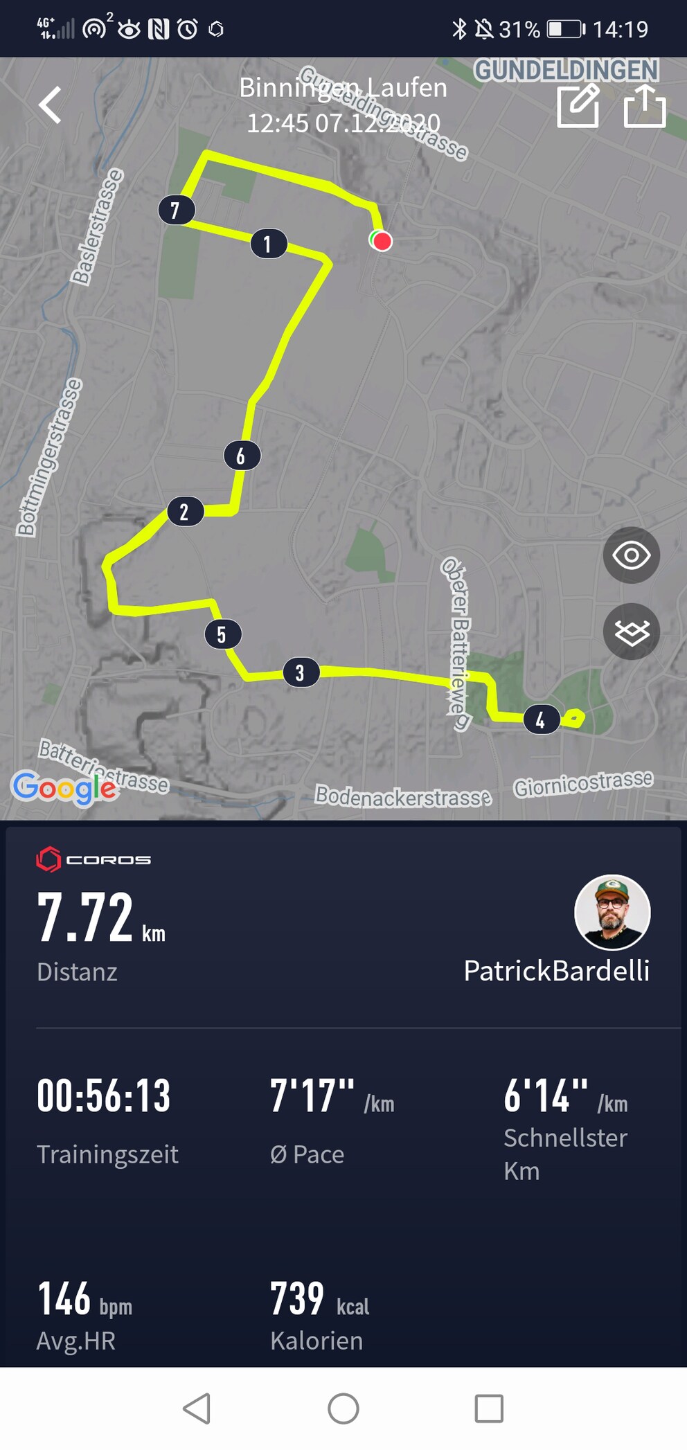 Die Daten der Coros Pace 2: einmal 7,72 km.