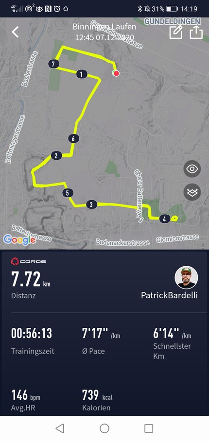Coros Pace 2 data readout: once 7.72 km.