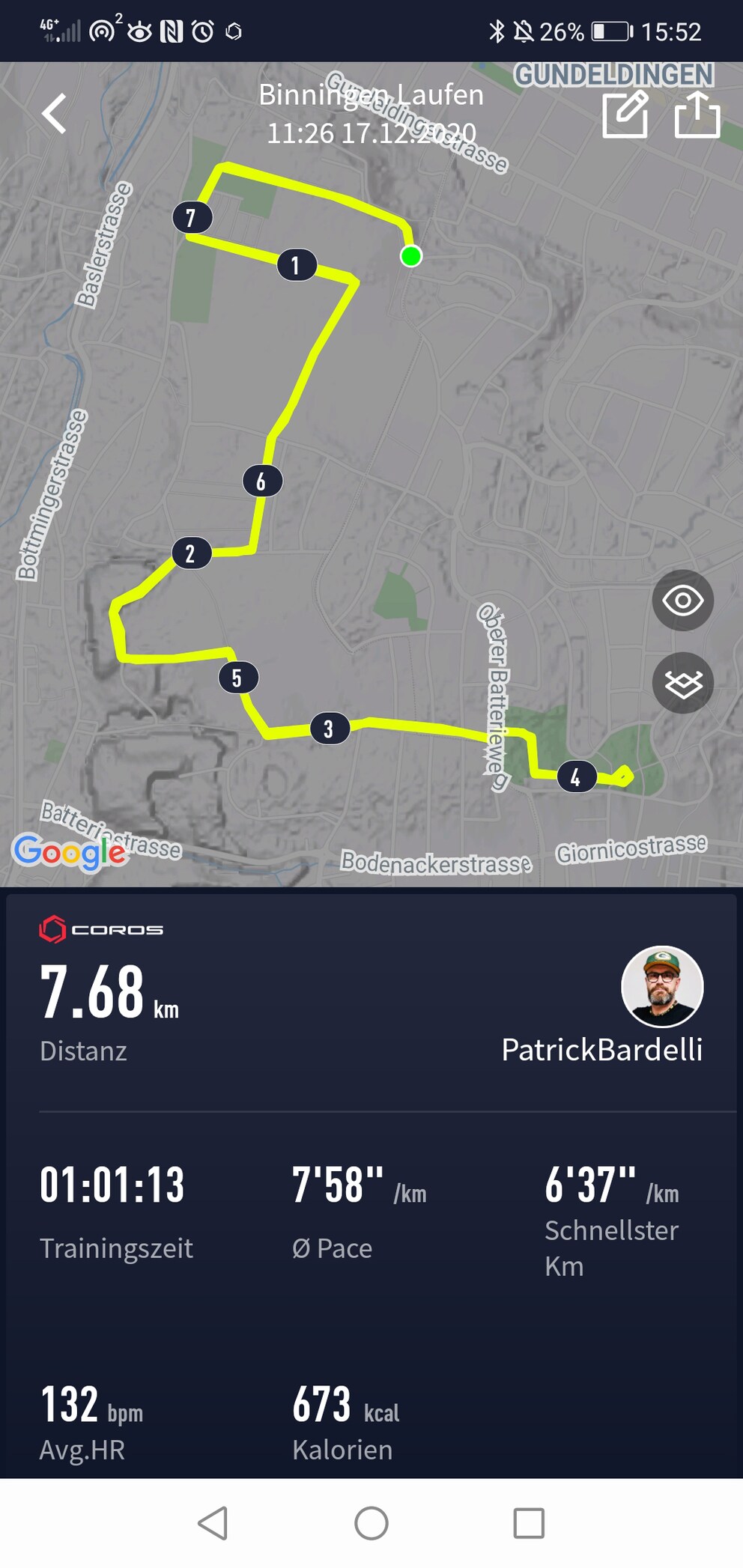 Einmal 7,68 km.