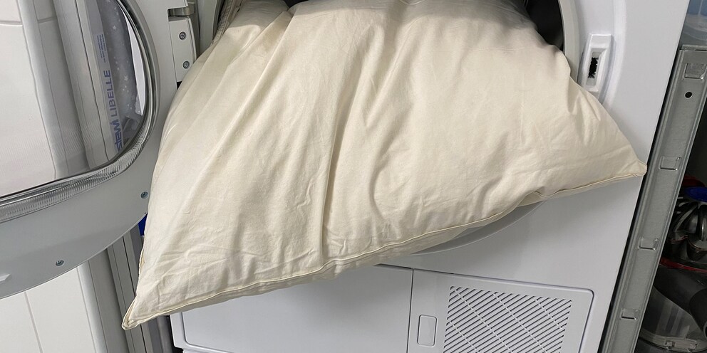 Daunenkissen trocknest du im Tumbler, aber nicht zu lange bei zu grosser Hitze.