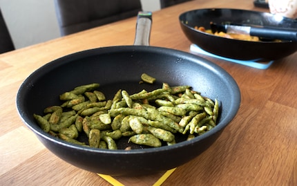 I like to use a non-stick pan for fried potatoes or spaetzle. I like to sear meat in the enamelled pan.