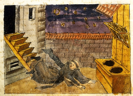 Here we see Baschi Hegner, former monk in the Rüti monastery, falling to his death on a Rapperswil privy before he could wipe his bottom with the straw provided. «The remote privies, which could only be reached by dark stairs, were quite accident-prone places,» writes historian Martin Illi in his highly interesting book, «Von der Schîssgruob zur modernen Stadtentwässerung» («From the Schîssgruob to Modern City Sewers»): «A loose or rotten board could cause a terrible accident.» Image: Zurich Central Library