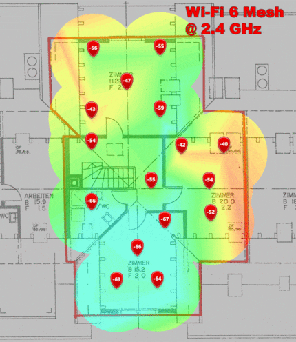 2,4-GHz-Signalpegel im oberen Dachgeschoss. (Animiertes GIF wechselt alle vier Sekunden das Bild.)