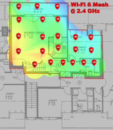 2,4-GHz-Signalpegel im unteren Dachgeschoss. (Animiertes GIF wechselt alle vier Sekunden das Bild.)