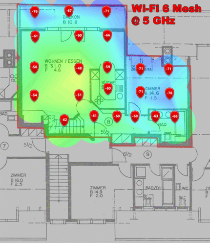 5-GHz-Signalpegel im unteren Dachgeschoss. (Animiertes GIF wechselt alle vier Sekunden das Bild.)