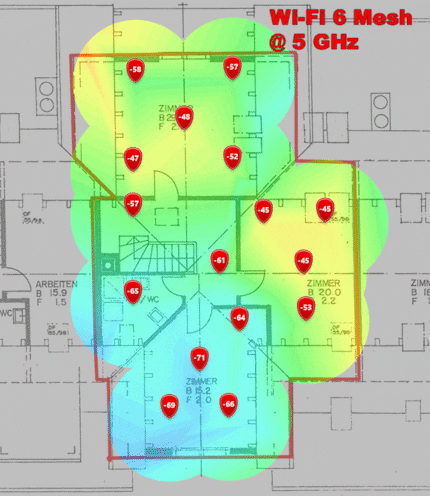 5-GHz-Signalpegel im oberen Dachgeschoss. (Animiertes GIF wechselt alle vier Sekunden das Bild.)