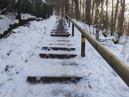 Dass die eisige Treppe mit «Wanderweg» beschriftet ist, macht die Sache nicht besser.