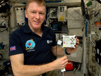 British astronaut Tim Peake holding an Astro Pi on the ISS.
