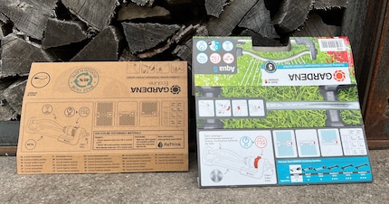 Links die neue Verpackung, rechts die alte. Gardena verabschiedet sich zu Gunsten der Umwelt von der Farbe.