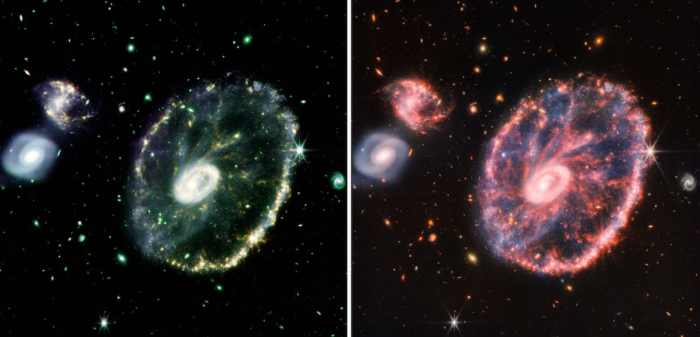 Sowohl mein Bild (links) als auch das der NASA (rechts) sind Kombinationen aus verschiedenen Aufnahmen der NIRCam und des MIRI.