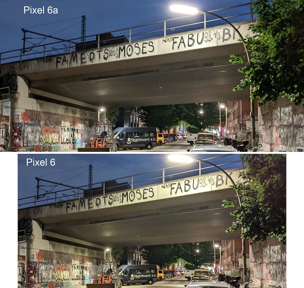 Vor allem am Mast der Hochspannungsleitung und den Graffitis unter der Brücke sieht das Pixel 6 besser aus.