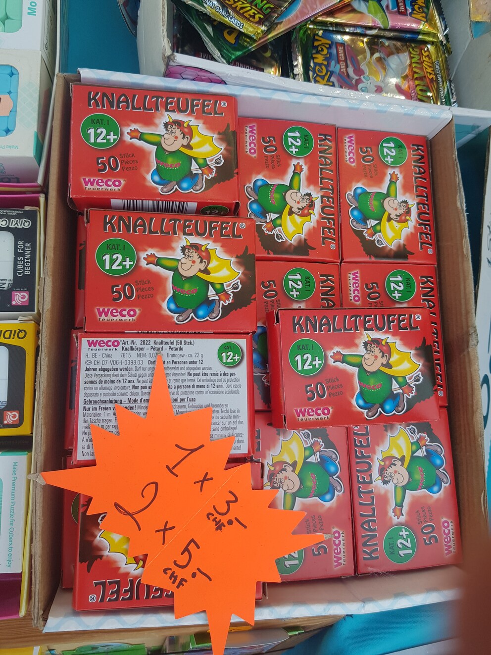 A pack of fire crackers costs three francs here.