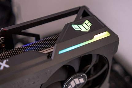Both lighting zones on the Asus TUF Gaming GeForce RTX 4080 OC Edition