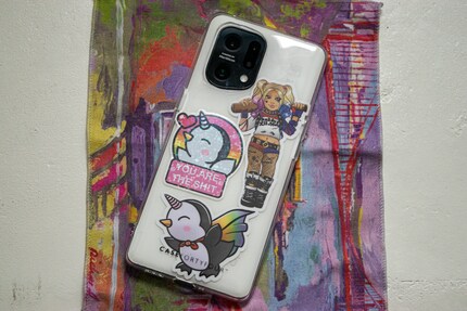 My homemade stickers add a splash of colour to this phone case.