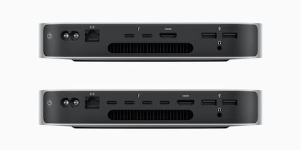Auf der Rückseite des Mac Mini sind die unterschiedlichen Anschlüsse zu sehen. Oben die M2-Variante, unten das M2-Pro-Modell.