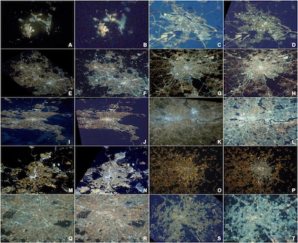These images from the ISS show how the nighttime illumination spectrum has changed across various European cities. Gibraltar/Algeciras in (A) 2012 and (B) 2020, Amsterdam in (C) 2012 and (D) 2016, Birmingham in (E) 2013 and (F) 2020, Brussels in (G) 2013 and (H) 2019, Dublin in (I) 2012 and (J) 2014, London in (K) 2012 and (L) 2020, Madrid in (M) 2012 and (N) 2017, Milan in (O) 2012 and (P) 2015, Paris in (Q) 2012 and (R) 2020, and Rome in (S) 2012 and (T) 2020.