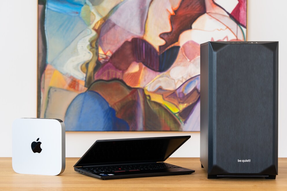 Three of the test devices: Mac Mini, Lenovo ThinkPad E15 and a home-built PC.