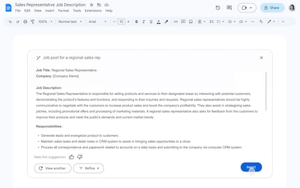 In the example, Google Docs automatically writes an advert from the prompt «Job advertisement for a regional sales manager», which can then be edited and refined.