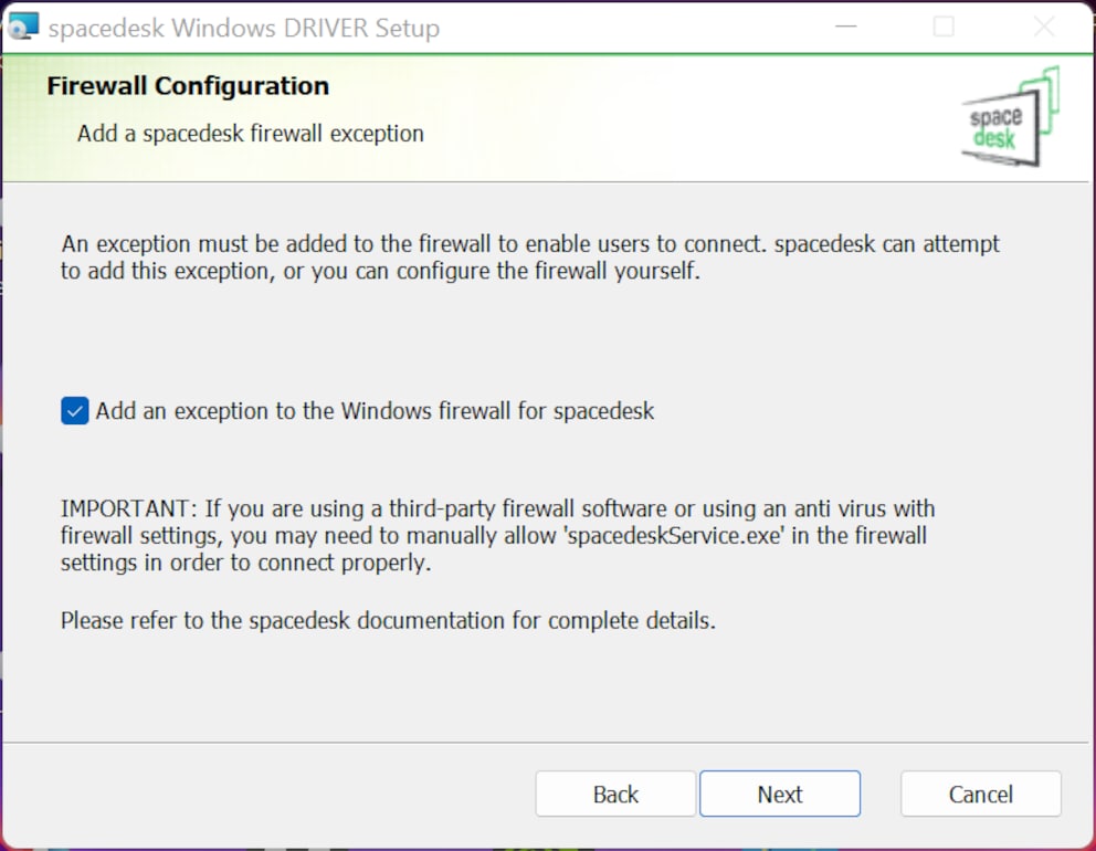 Since the Windows Firewall exception is created automatically, installing Spacedesk is very easy.